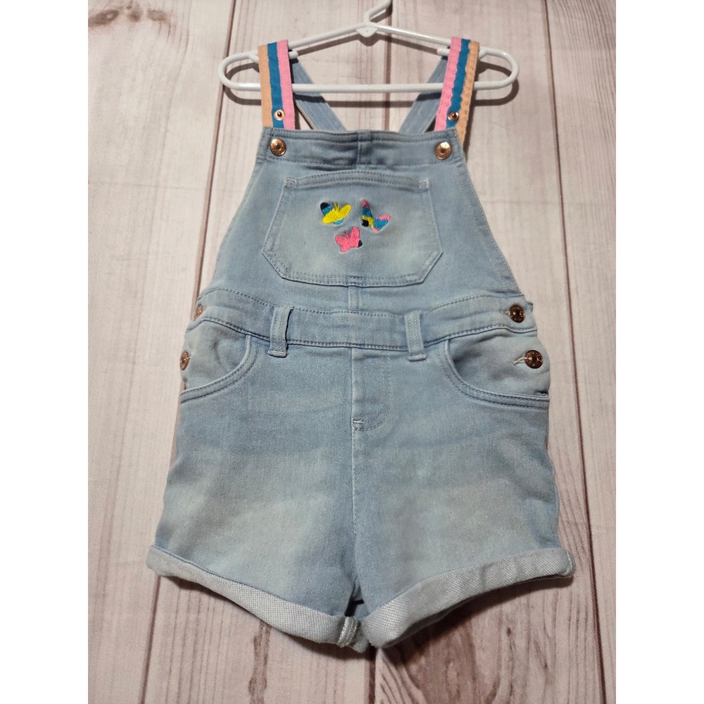 BCBG Girls Light Wash Denim Butterfly Embroidered Shortall Size 5 Rainbow Strap